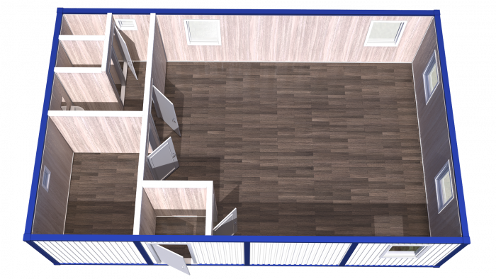 Модульное здание штаб строительства с тамбуром, кладовой и двумя туалетами модель: РС-М03